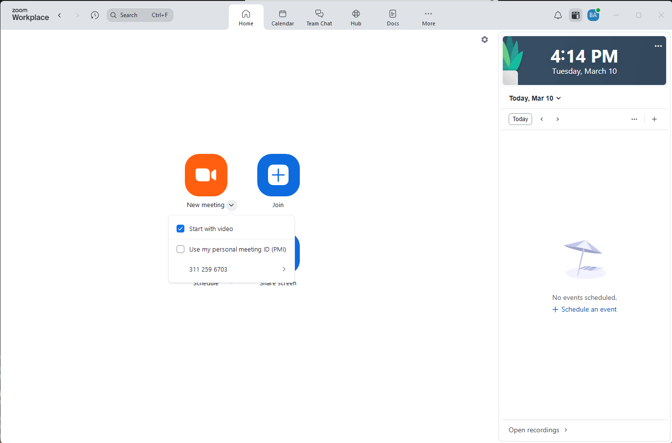 Zoom home screen with the dropdown arrow next to New Meeting clicked, showing the Personal Meeting ID row