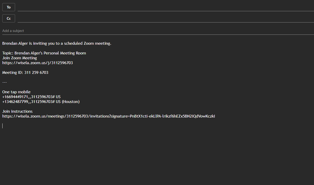 Email compose window showing the pasted Zoom invitation with meeting topic, join link, Meeting ID, and dial-in details