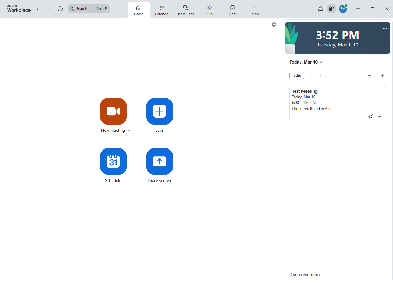 Zoom home screen showing an upcoming meeting listed in the right sidebar