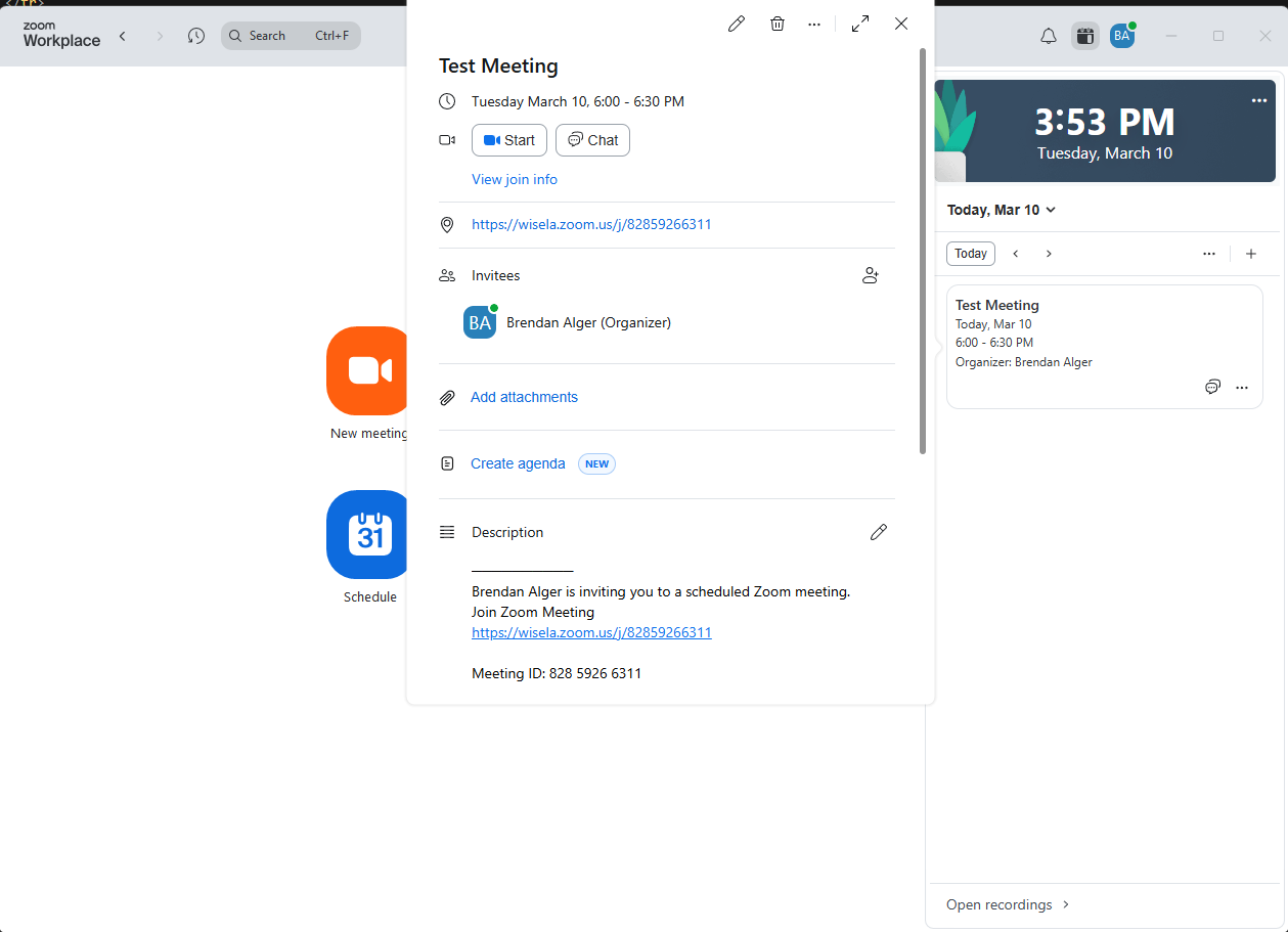 Meeting details panel showing the meeting title, time, Start button, and View join info link