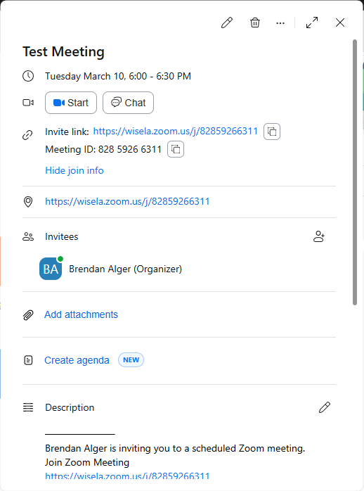 Meeting details panel showing the invite link and Meeting ID with copy buttons after clicking View join info