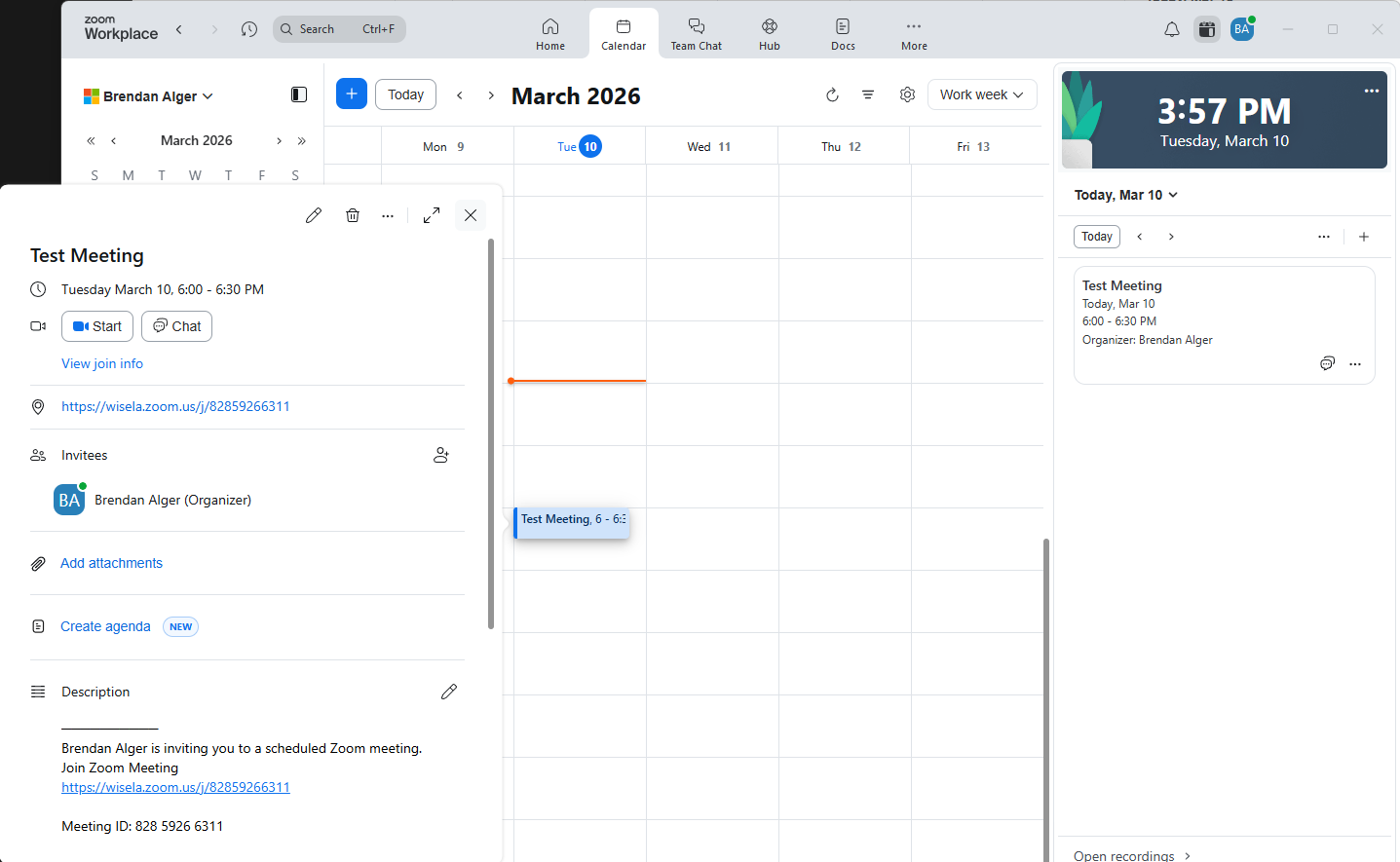 Zoom Calendar tab showing a weekly calendar view with a meeting clicked and its details panel open on the left