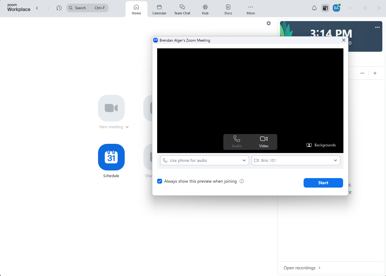 Zoom camera and audio preview window with Audio and Video toggles and a Start button