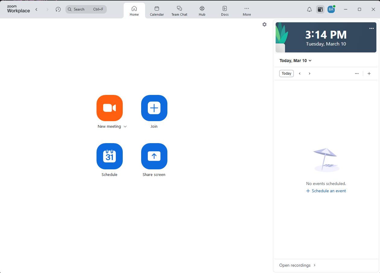 Zoom home screen with the blue Schedule button visible alongside New Meeting, Join, and Share screen