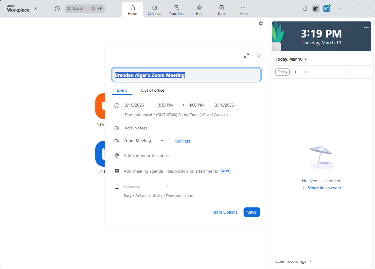 Zoom brief scheduling form showing fields for title, date, time, invitees, meeting type, and agenda