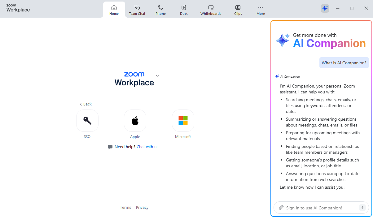Zoom sign-in page showing SSO, Apple, and Microsoft login options