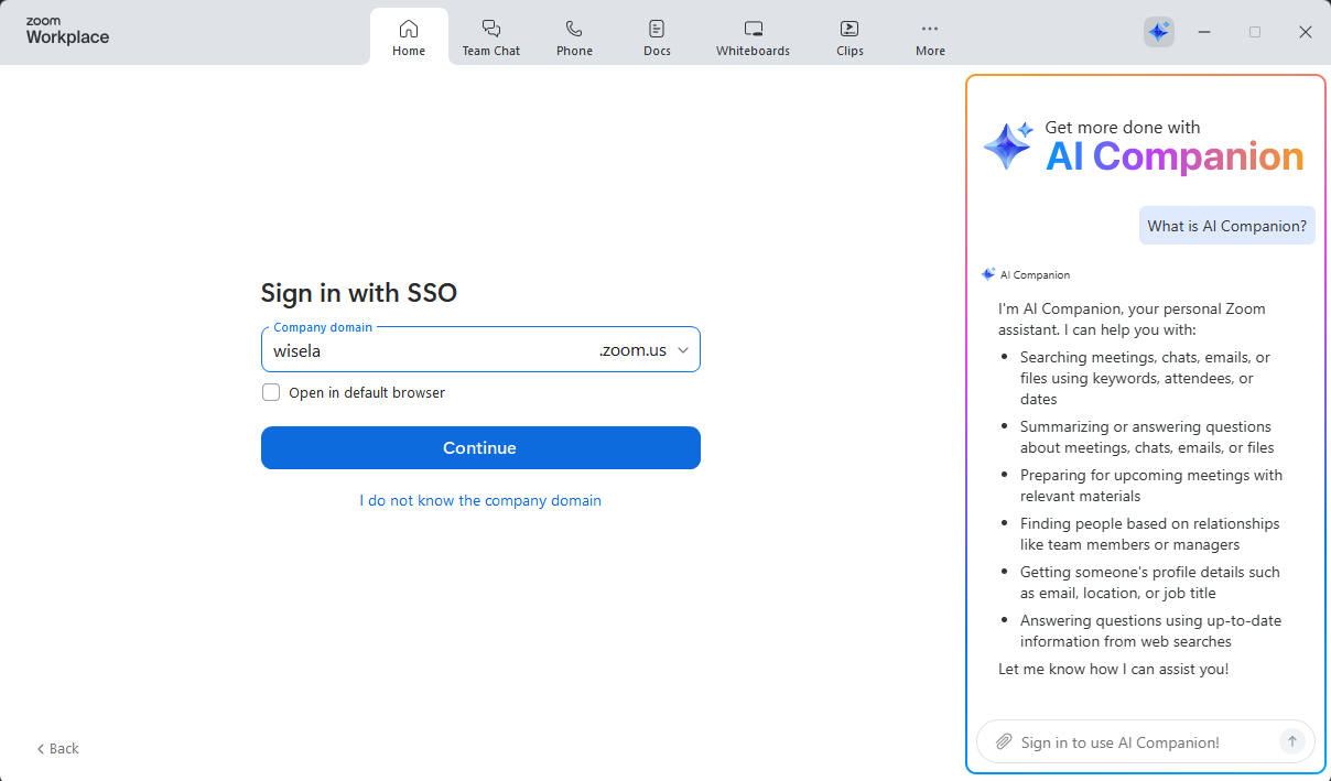 Zoom SSO domain entry box with "wisela" typed in the Company domain field